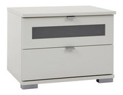 Weiße Nachtkonsole mit zwei Schubladen, moderne Griffe und rechteckigem Design, seitliche Perspektive