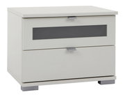 Weiße Nachtkonsole mit zwei Schubladen, moderne Griffe und rechteckigem Design, seitliche Perspektive