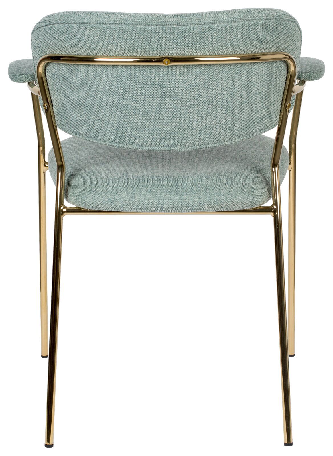 Rückansicht eines Armlehnstuhls mit goldfarbenem Metallrahmen und hellgrüner Polsterung.