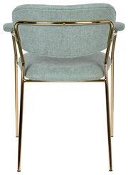 Rückansicht eines Armlehnstuhls mit goldfarbenem Metallrahmen und hellgrüner Polsterung.