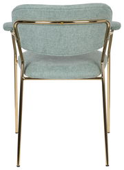 Rückansicht eines Armlehnstuhls mit goldfarbenem Metallrahmen und hellgrüner Polsterung.