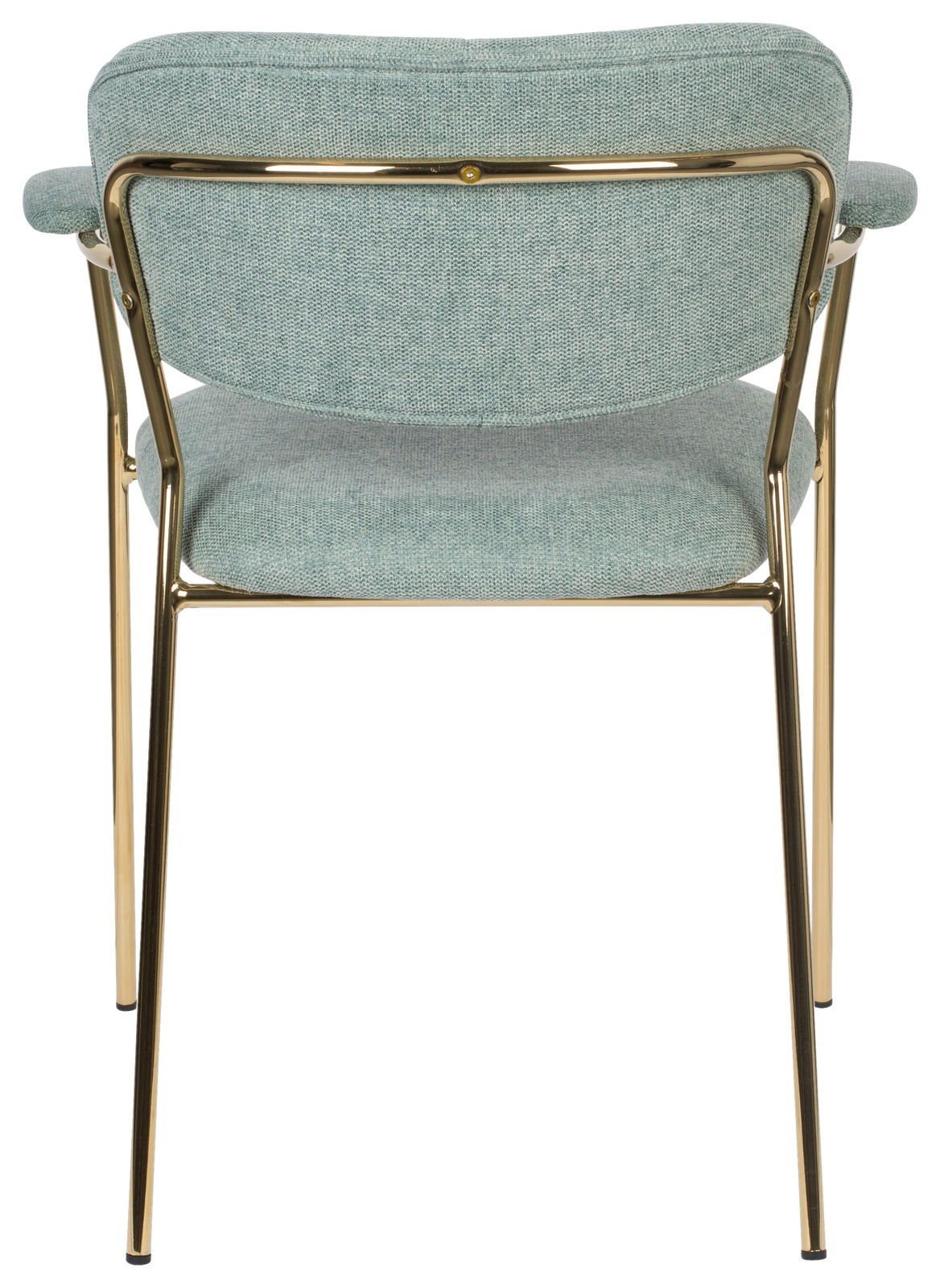 Rückansicht eines Armlehnstuhls mit goldfarbenem Metallrahmen und hellgrüner Polsterung.
