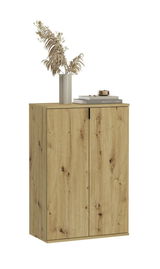 Schuhkommode aus Holz mit zwei Türen, dekoriert mit einer Vase und Büchern, aus frontaler Perspektive.