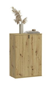 Schuhkommode aus Holz mit zwei Türen, dekoriert mit einer Vase und Büchern, aus frontaler Perspektive.