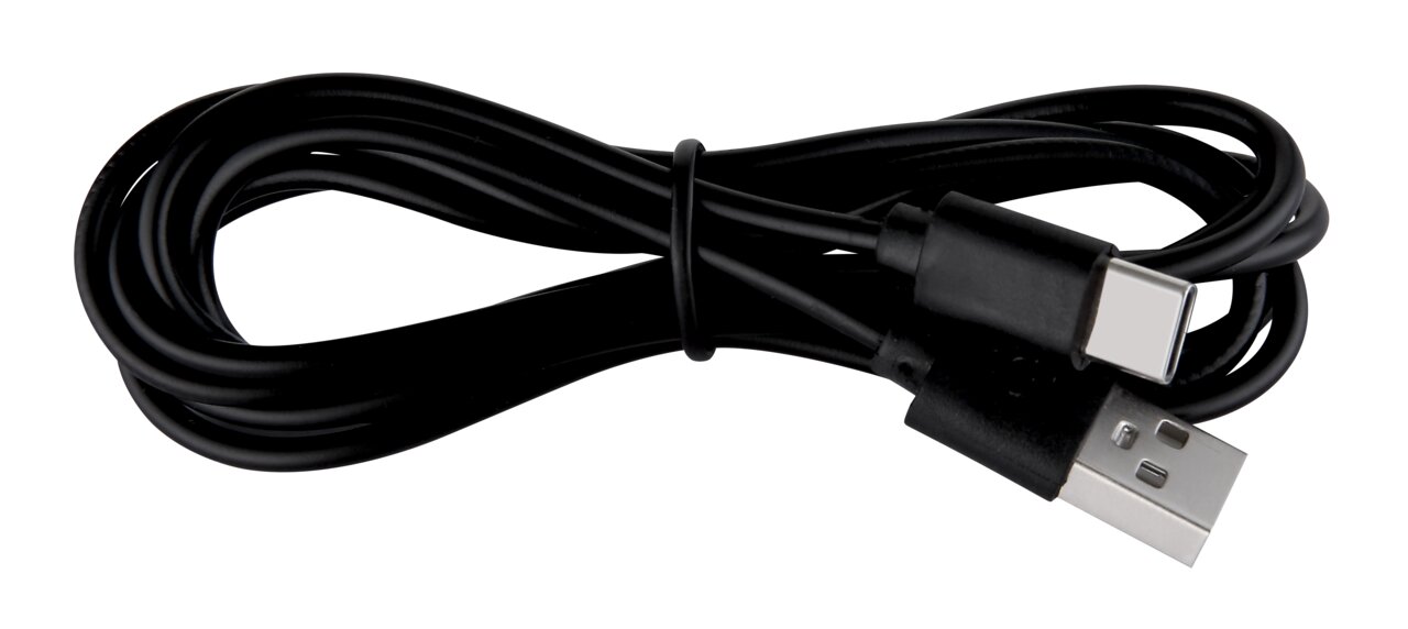 Schwarzes USB-Kabel mit USB-A- und USB-C-Stecker, seitliche Ansicht