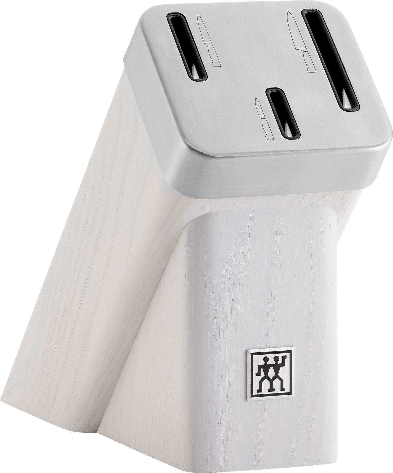 Moderner Messerblock aus hellem Holz mit Edelstahloberfläche, seitliche Perspektive