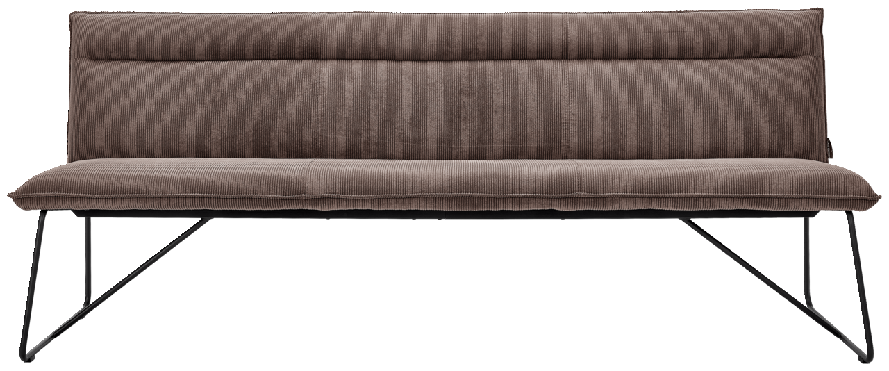 Frontansicht einer modernen Sitzbank mit braunem Stoffbezug und schwarzen Metallbeinen.
