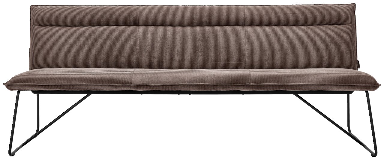 Frontansicht einer modernen Sitzbank mit braunem Stoffbezug und schwarzen Metallbeinen.