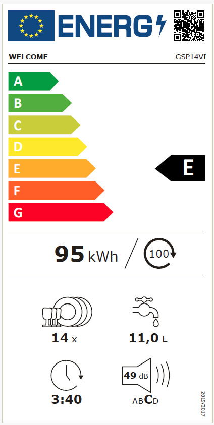 Energieeffizienzklasse E Geschirrspüler mit 95 kWh Energieverbrauch, 14 Maßgedecke, 11,0 Liter Wasserverbrauch, 3:40 Stunden Laufzeit und 49 dB Lautstärke. Frontalansicht.