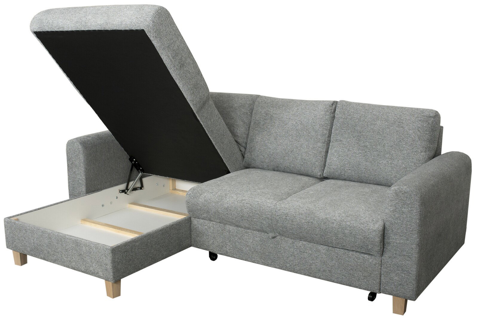 Graues Sofa mit Stauraum, geöffnete Sitzfläche, Perspektive von vorne links