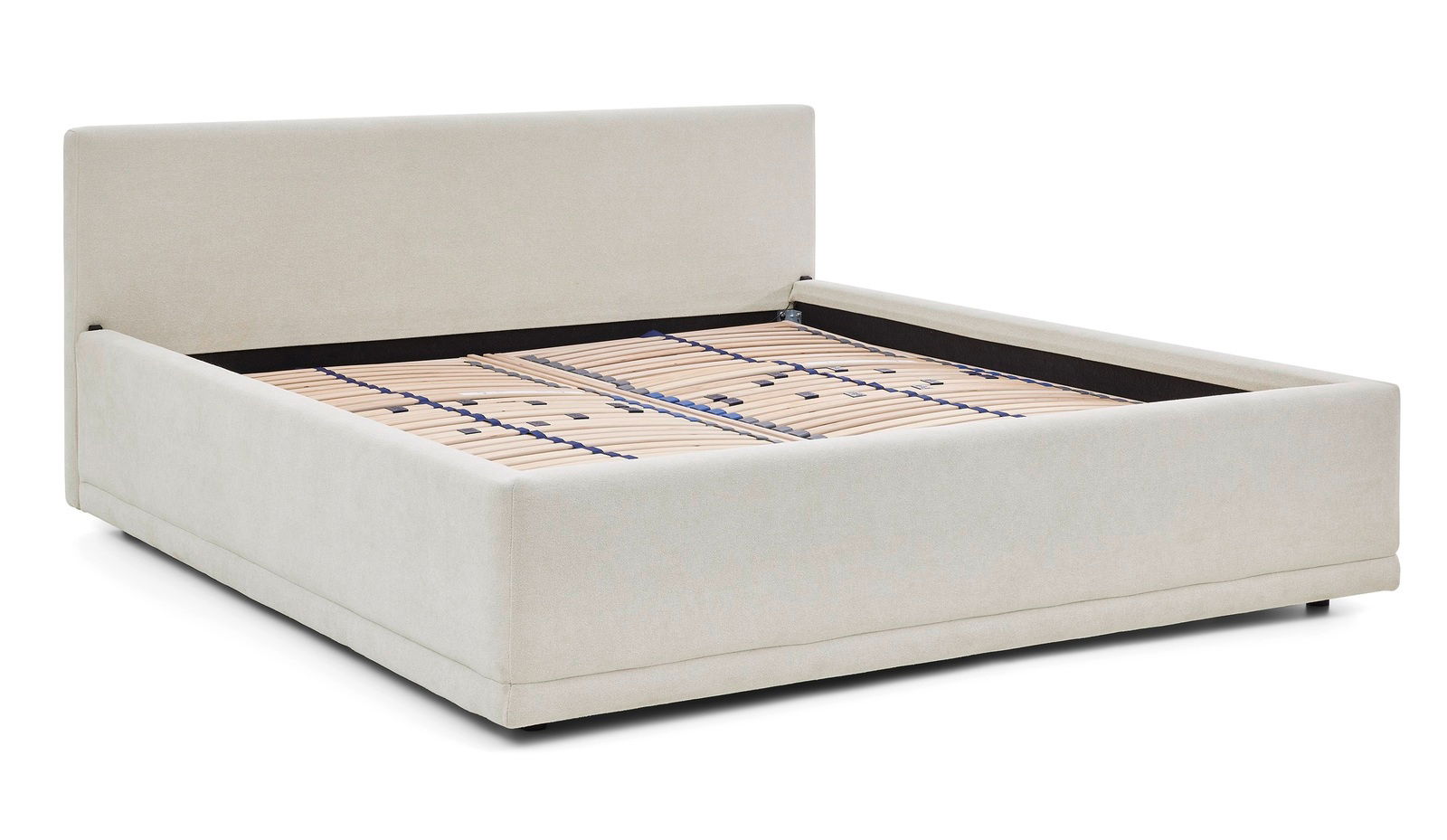 Polsterbettgestell in hellem Stoff mit Lattenrost, seitliche Perspektive