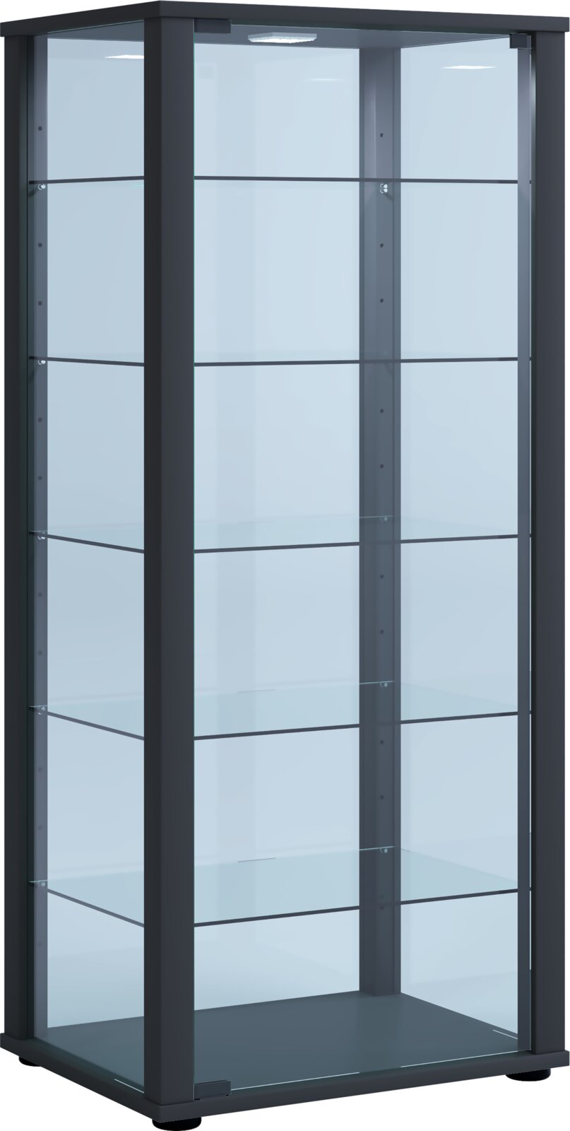 Schwarze Glasvitrine mit mehreren Glasböden und integrierter LED-Deckenbeleuchtung, in schräger Frontansicht von links dargestellt