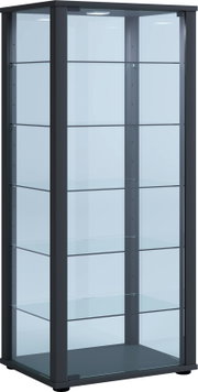 Schwarze Glasvitrine mit mehreren Glasböden und integrierter LED-Deckenbeleuchtung, in schräger Frontansicht von links dargestellt