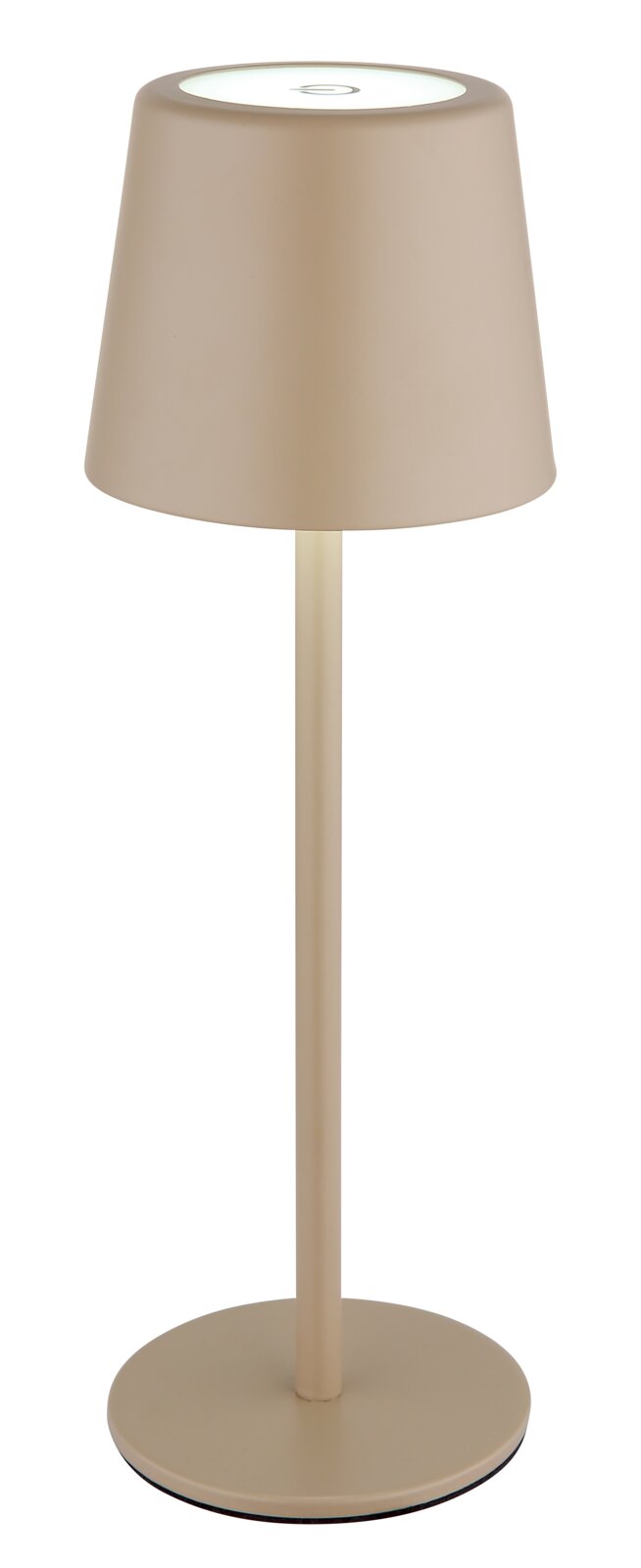 Moderne Tischleuchte in Beige, frontal fotografiert, mit schlichtem Design und rundem Lampenschirm.