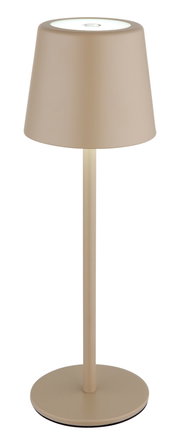 Moderne Tischleuchte in Beige, frontal fotografiert, mit schlichtem Design und rundem Lampenschirm.