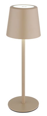 Moderne Tischleuchte in Beige, frontal fotografiert, mit schlichtem Design und rundem Lampenschirm.