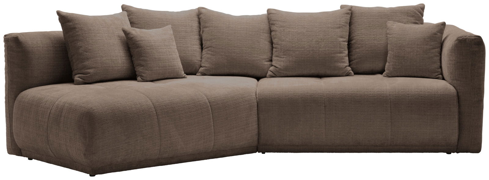 Braunes Ecksofa mit mehreren Kissen, Ansicht von vorne