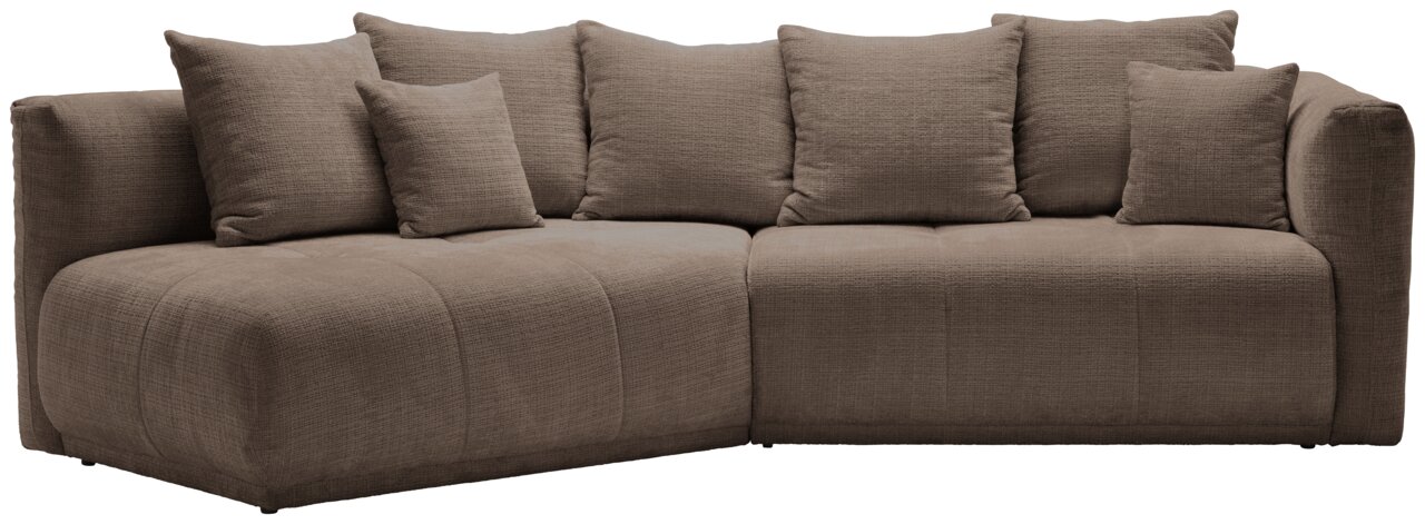 Braunes Ecksofa mit mehreren Kissen, Ansicht von vorne