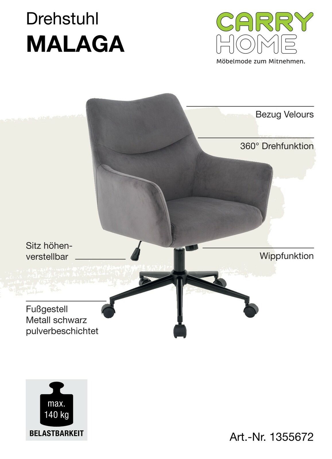 Grauer Drehstuhl mit Veloursbezug, höhenverstellbarem Sitz, 360° Drehfunktion und Wippfunktion. Schwarzes, pulverbeschichtetes Metallfußgestell. Ansicht von schräg vorne.