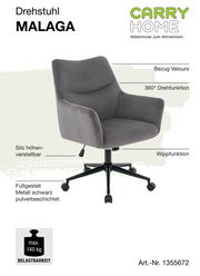 Grauer Drehstuhl mit Veloursbezug, höhenverstellbarem Sitz, 360° Drehfunktion und Wippfunktion. Schwarzes, pulverbeschichtetes Metallfußgestell. Ansicht von schräg vorne.