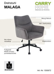 Grauer Drehstuhl mit Veloursbezug, höhenverstellbarem Sitz, 360° Drehfunktion und Wippfunktion. Schwarzes, pulverbeschichtetes Metallfußgestell. Ansicht von schräg vorne.