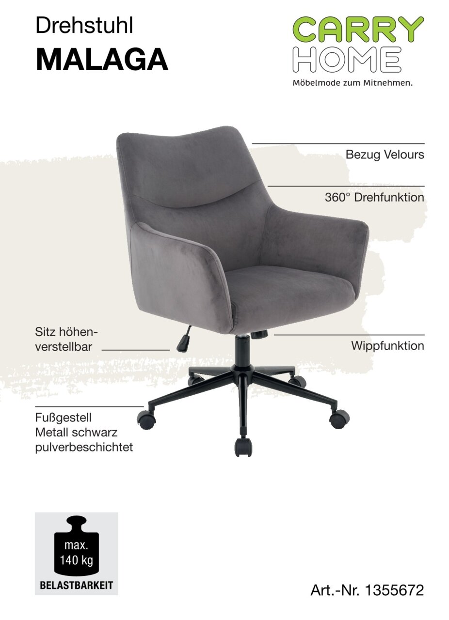 Grauer Drehstuhl mit Veloursbezug, höhenverstellbarem Sitz, 360° Drehfunktion und Wippfunktion. Schwarzes, pulverbeschichtetes Metallfußgestell. Ansicht von schräg vorne.