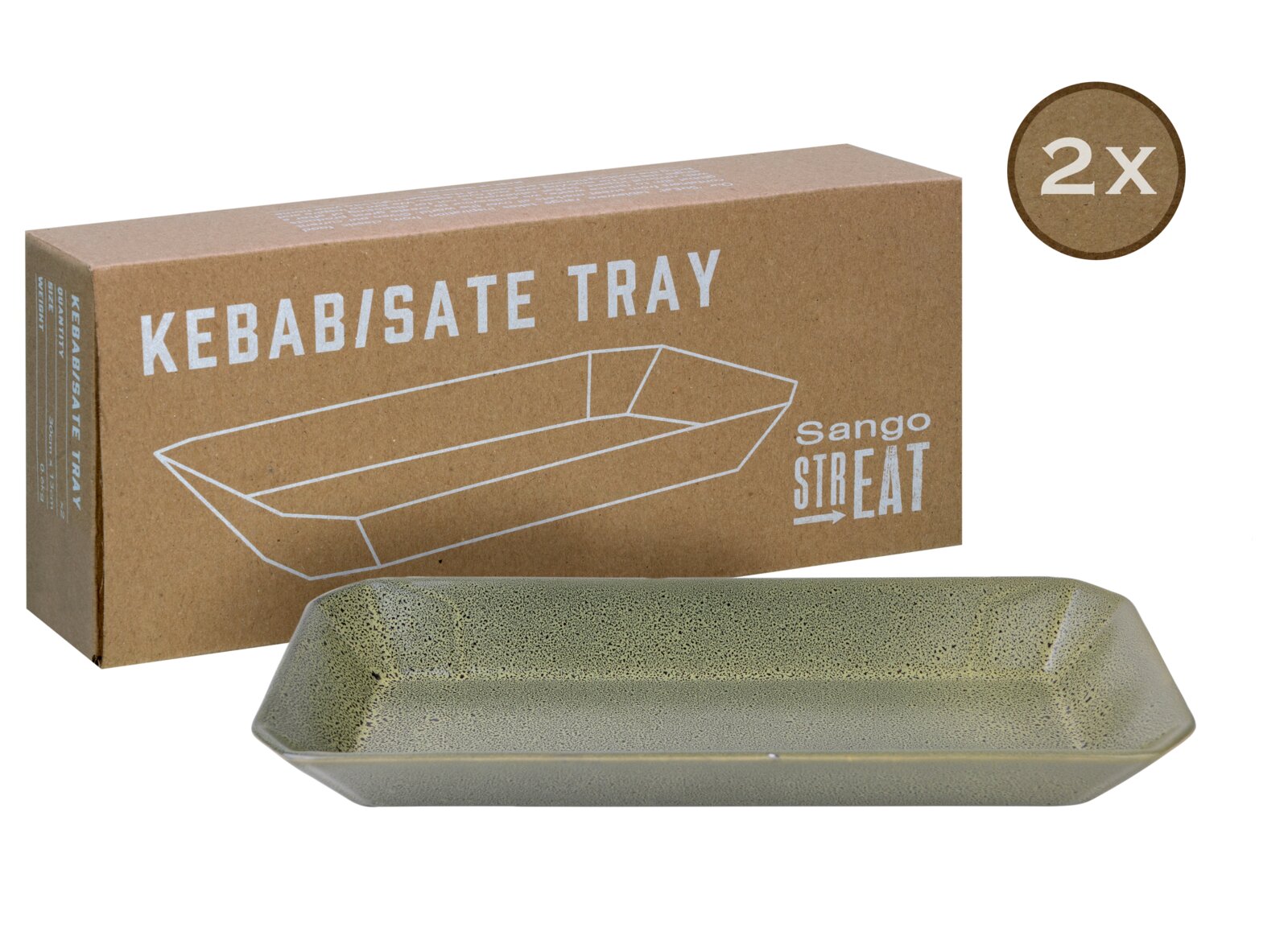 Creatable Tray Kebab 2-tlg STREET FOOD Rechteckiges, gesprenkeltes Kebab/Sate-Serviertablett in Olivgrün vor brauner „Sango STR.EAT“-Verpackung mit „KEBAB/SATE TRAY“ und 2x Hinweis, gezeigt in leicht schräger Frontansicht von oben