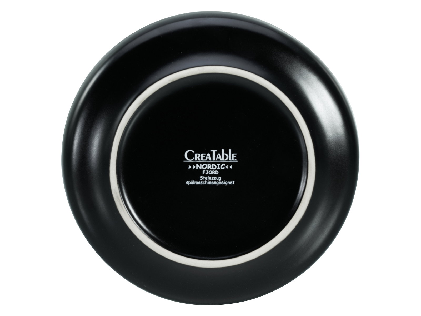 Rückansicht eines schwarzen Tellers mit der Aufschrift 'Creatable Nordic'.