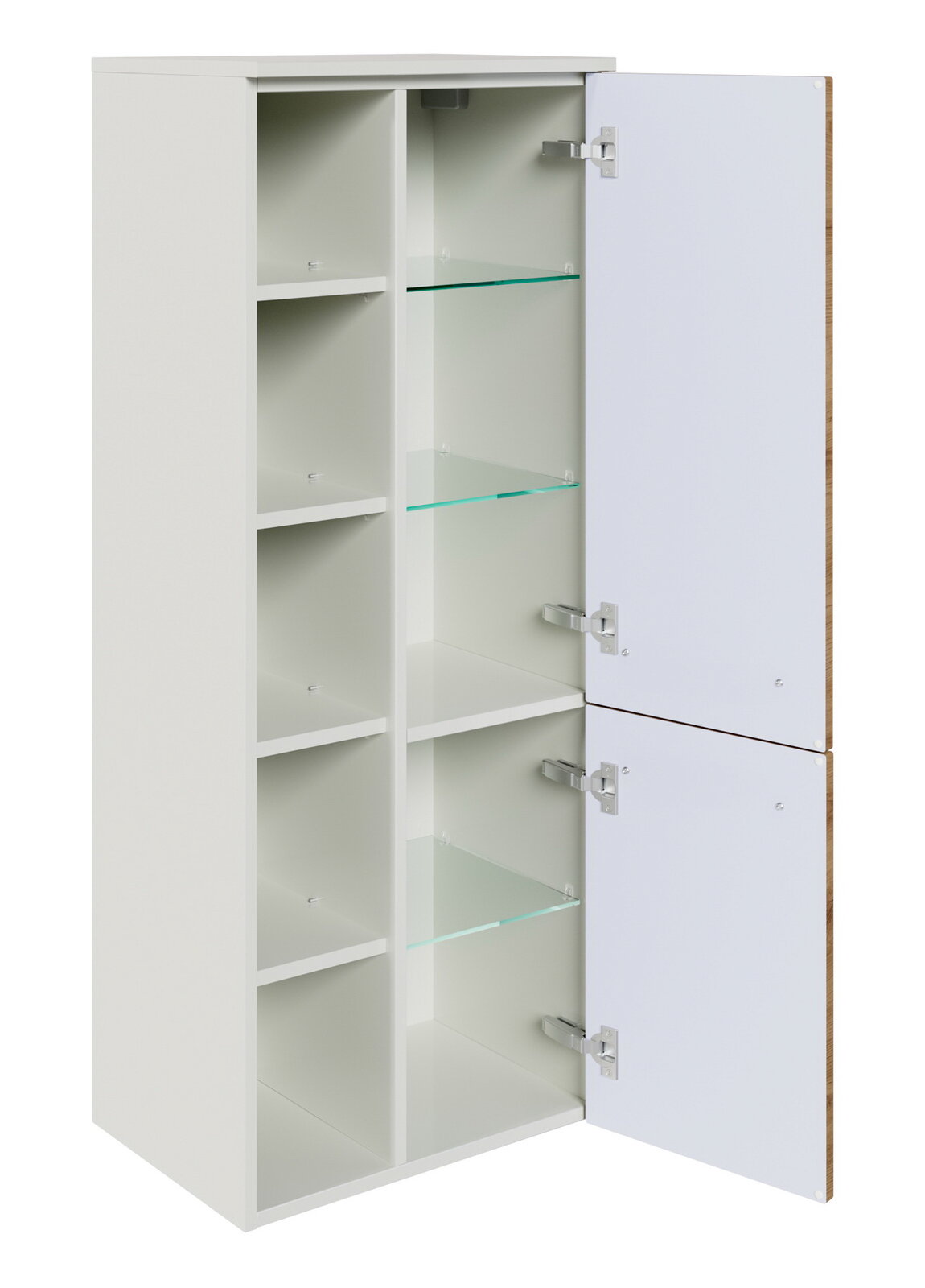 Sadena Midischrank PLAKA Weißer Midischrank mit zwei geöffneten Türen und mehreren Glas- und Holzböden, Perspektive von vorne links