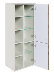 Weißer Midischrank mit zwei geöffneten Türen und mehreren Glas- und Holzböden, Perspektive von vorne links