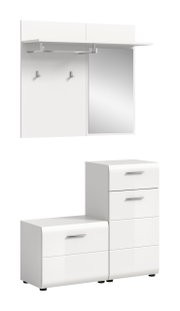 Weißes, modernes Garderoben- und Schuhschrank-Set mit Wandpaneel, Ablage, Haken und Spiegel sowie zwei Kommoden mit Schubladen und Metallgriffen, dargestellt in frontaler Ansicht mit leichter Schrägperspektive.