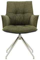 Grüner Sessel mit gepolsterter Sitzfläche und Rückenlehne, auf einem modernen Metallgestell, Frontalansicht.