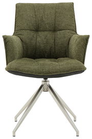 Grüner Sessel mit gepolsterter Sitzfläche und Rückenlehne, auf einem modernen Metallgestell, Frontalansicht.