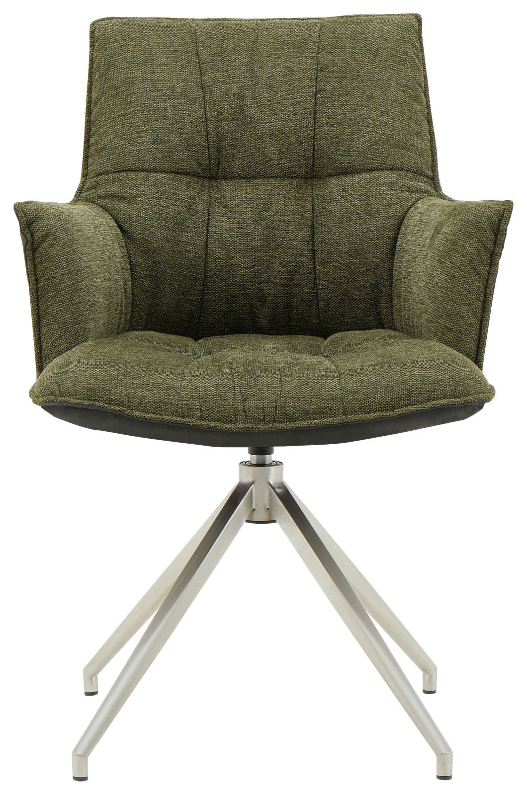 Grüner Sessel mit gepolsterter Sitzfläche und Rückenlehne, auf einem modernen Metallgestell, Frontalansicht.