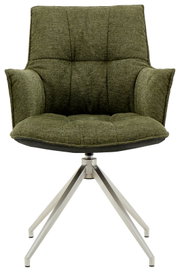 Groene fauteuil met gestoffeerde zitting en rugleuning, op een modern metalen onderstel, vooraanzicht.