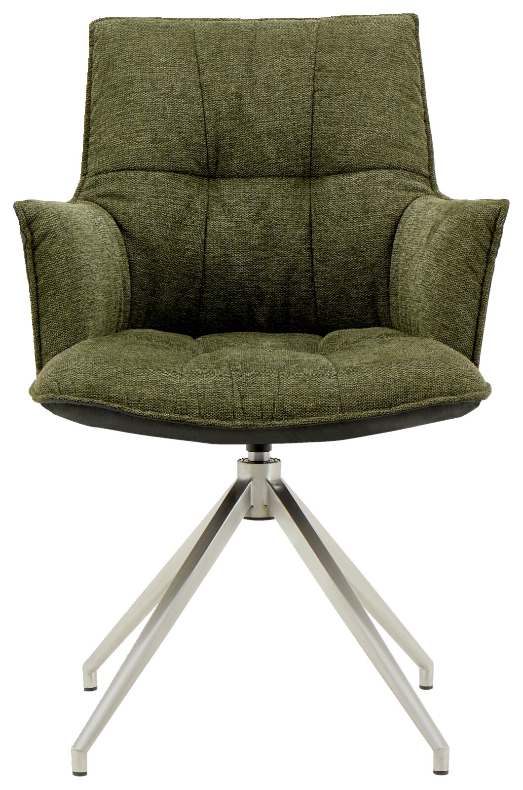 Groene fauteuil met gestoffeerde zitting en rugleuning, op een modern metalen onderstel, vooraanzicht.