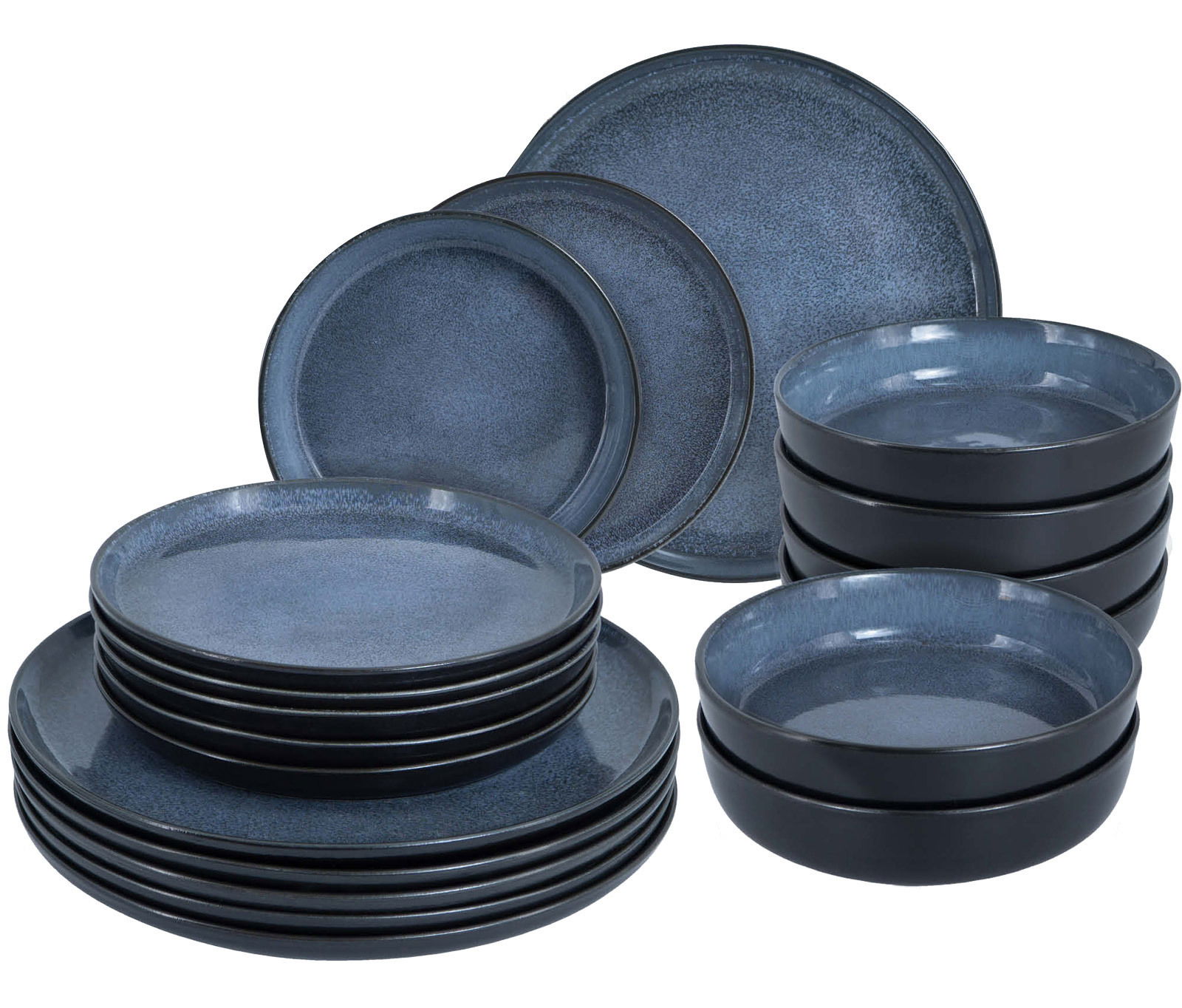 18-teiliges Tafelservice in Blau, bestehend aus flachen und tiefen Tellern sowie Schalen, aus seitlicher Perspektive fotografiert.