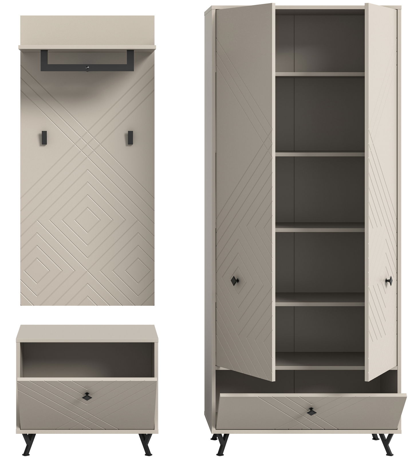 Garderobenkombination in modernem Design mit geometrischen Mustern, bestehend aus einem hohen Schrank mit offenen Türen, einem Wandpaneel mit Haken und einem niedrigen Schuhschrank, frontal betrachtet.