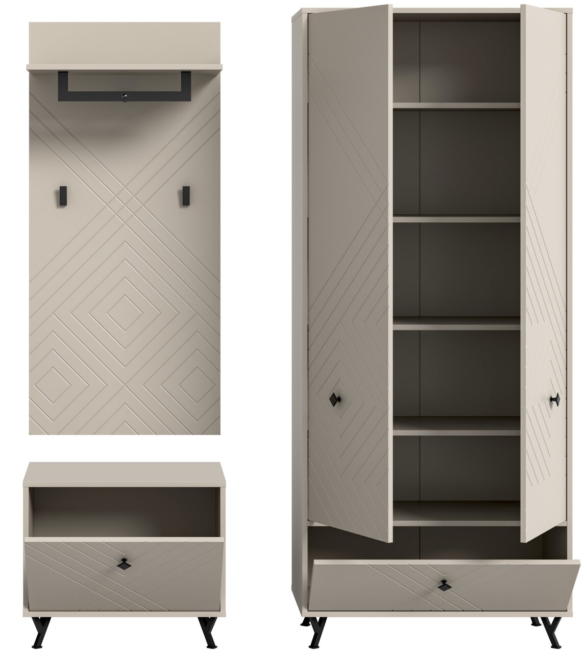 Garderobenkombination in modernem Design mit geometrischen Mustern, bestehend aus einem hohen Schrank mit offenen Türen, einem Wandpaneel mit Haken und einem niedrigen Schuhschrank, frontal betrachtet.