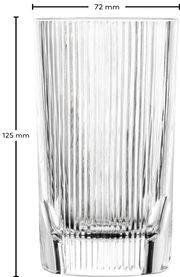 Hohes, geriffeltes Trinkglas mit den Maßen 125 mm Höhe und 72 mm Durchmesser, frontal abgebildet.