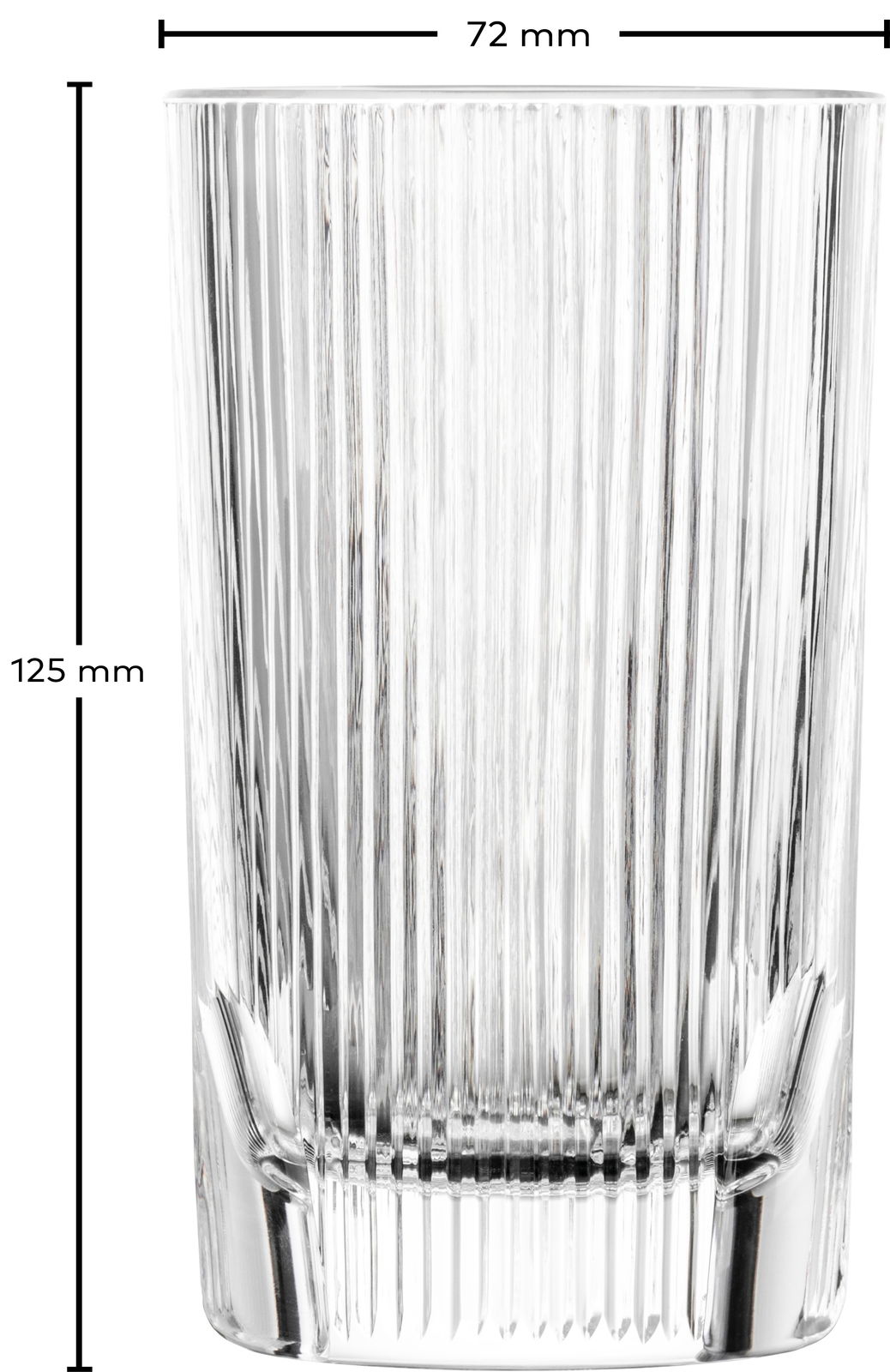 Hohes, geriffeltes Trinkglas mit den Maßen 125 mm Höhe und 72 mm Durchmesser, frontal abgebildet.