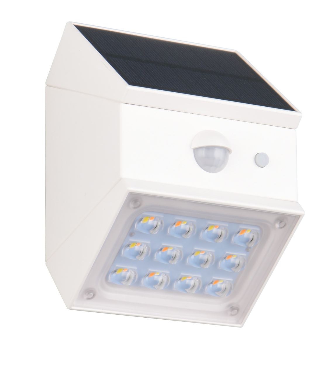 Weiße LED-Solar-Außenwandleuchte mit Bewegungssensor, seitliche Perspektive