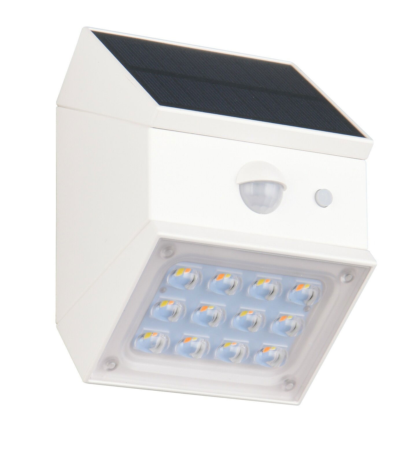 Weiße LED-Solar-Außenwandleuchte mit Bewegungssensor, seitliche Perspektive