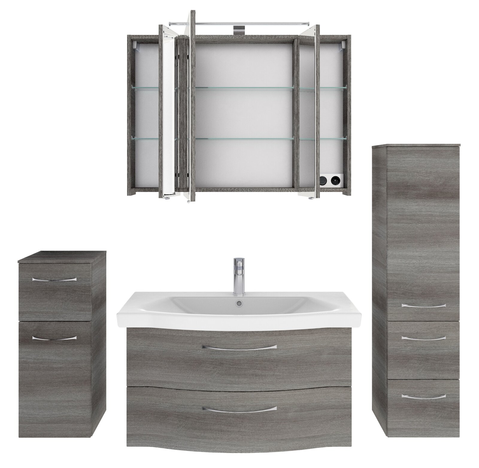 Badezimmermöbel-Set in grauer Holzoptik, bestehend aus einem Waschbeckenunterschrank mit zwei Schubladen, einem hohen Schrank mit drei Fächern, einem kleinen Schrank mit zwei Schubladen und einem Spiegelschrank mit Glasböden, frontal betrachtet.