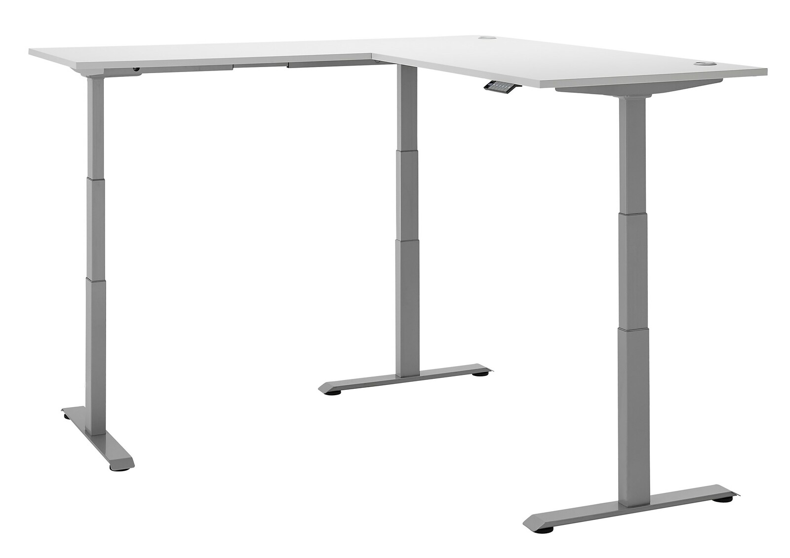 Moderner höhenverstellbarer Eckschreibtisch in L-Form, seitliche Perspektive