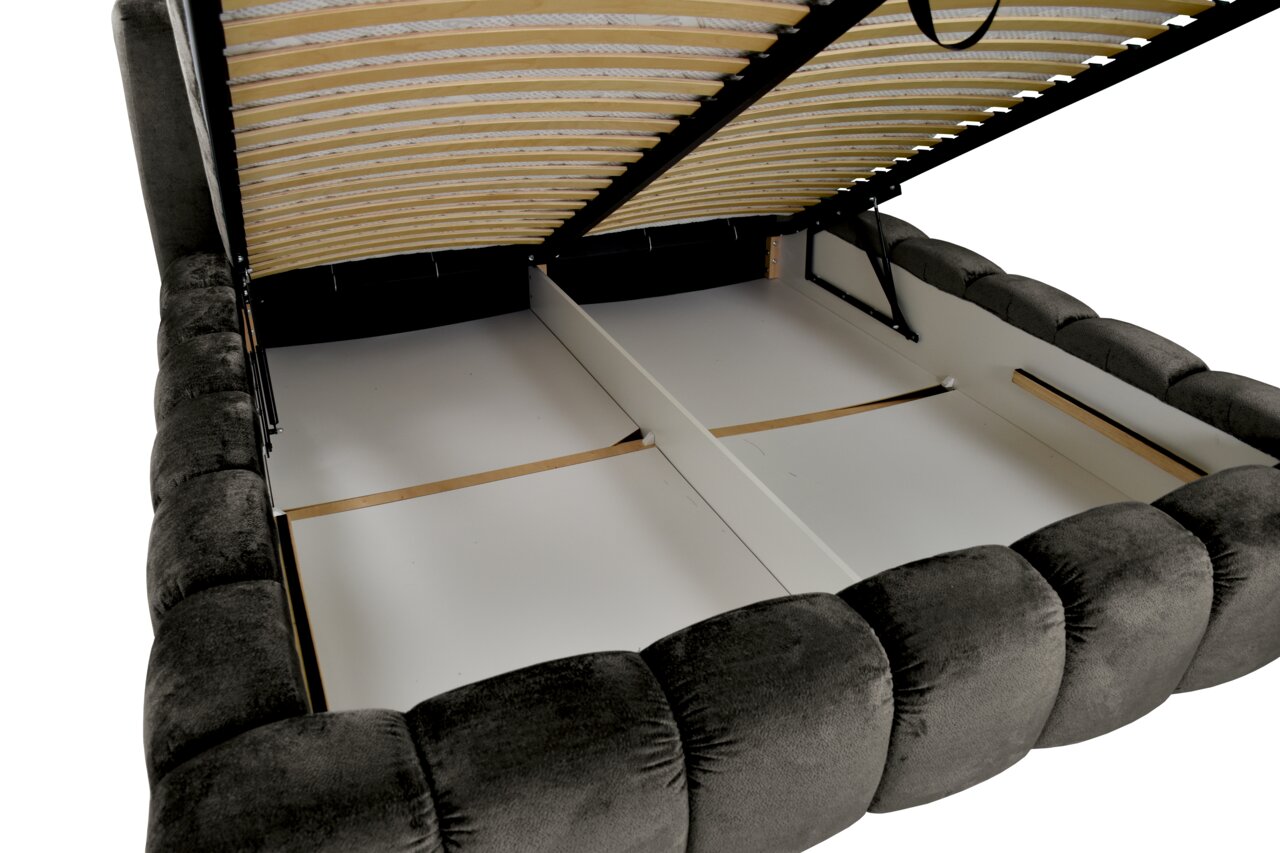 Polsterbettgestell mit geöffnetem Lattenrost, seitliche Perspektive