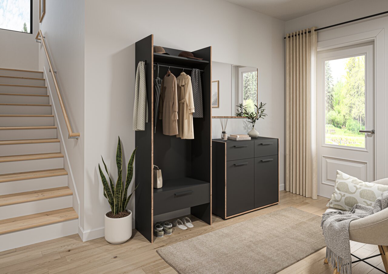 MID.YOU Garderobenkombination BUENO Moderner Garderoben- und Schuhschrank in Mattschwarz mit Holzoptik-Kanten, offener Kleiderstange, Ablage und Sitzbank im hellen Flur, perspektivisch schräg von vorn links aufgenommen.