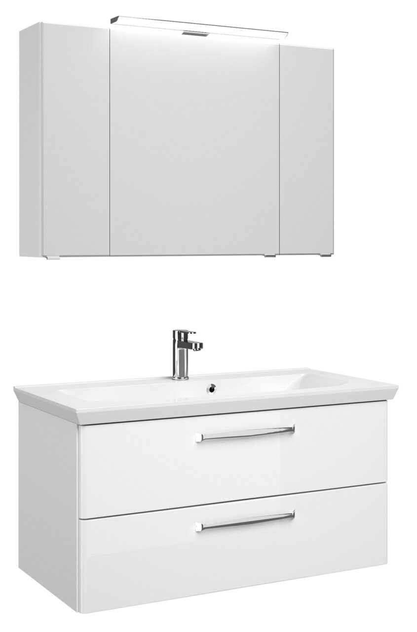 Pelipal Badblock 110cm TRENTINO Moderner weißer Badblock mit Spiegelschrank und Waschbecken, frontale Ansicht