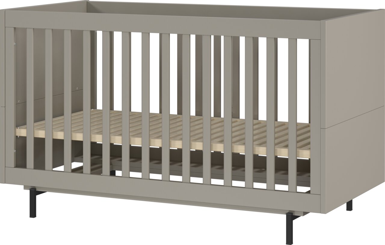 Graues Babybett mit Gitterstäben, seitliche Perspektive