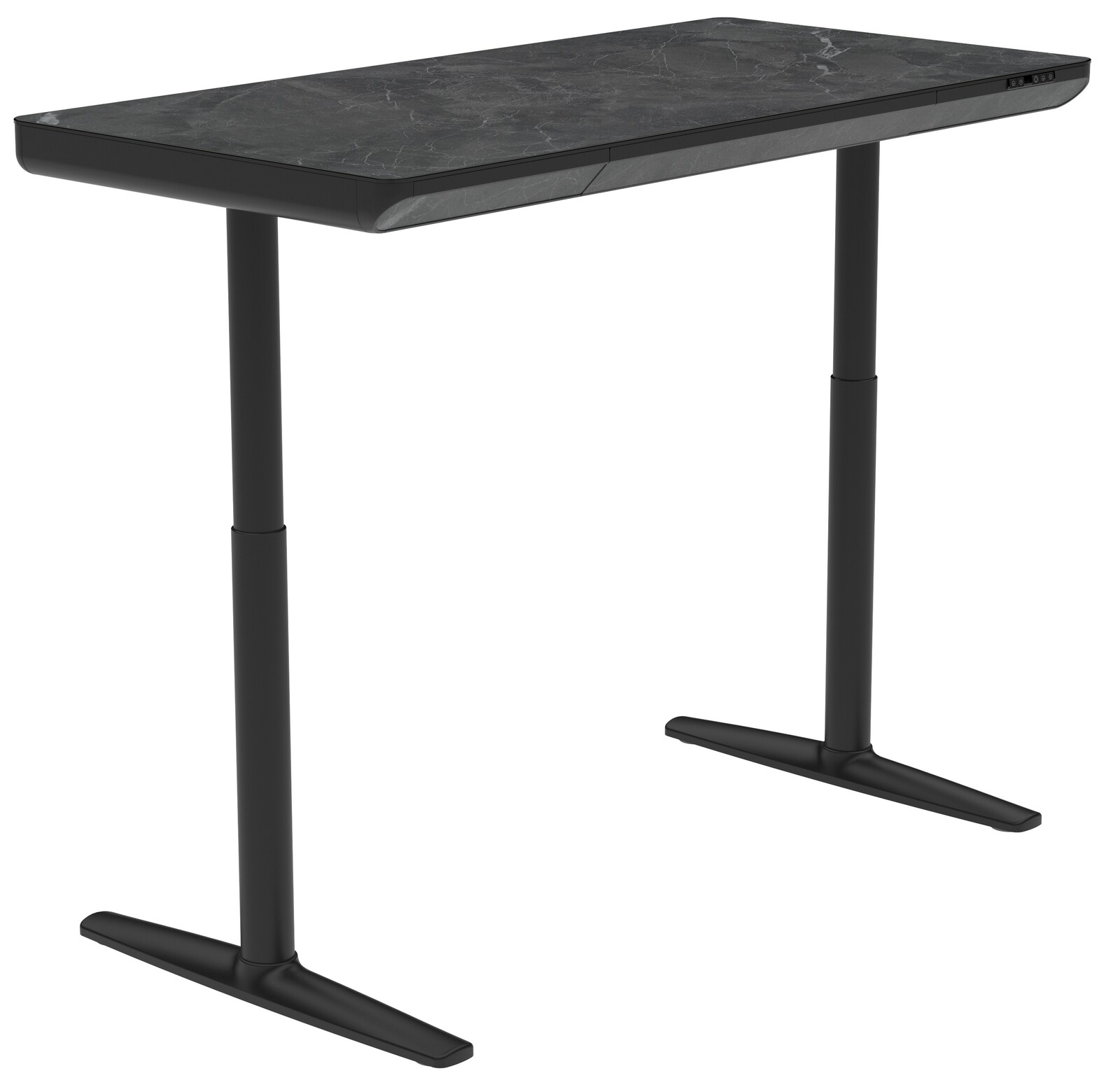 Moderner E-Schreibtisch mit schwarzer Marmoroptik, höhenverstellbar, seitliche Perspektive